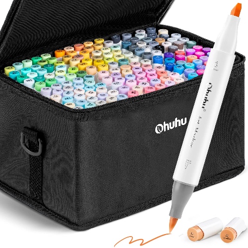 Ohuhu Alcohol Brush Markers 168-color Art Marker Set Double Tipped Alcohol-based Markers for Artist Adults Coloring Illustration -Brush & Chisel - Comes w/ 1 Alcohol Marker Blender - Honolulu Series