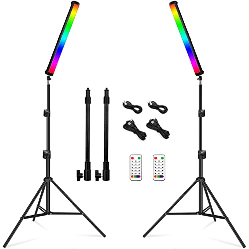 RGB Led Video Light Stick Wand with Stand, QEUOOIY 360° Full Color 2500-9500K Portable Studio Photography Lighting, 5000mAh Rechargeable Battery & Magnet with 27"-78.7" Tripod for Vlog - 2Pcs RGB Light Wand & 78.7'' Tripod