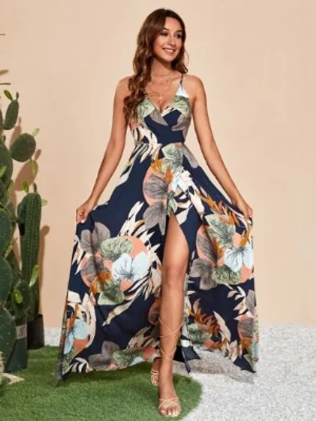SHEIN Tropical Print Overlap Collar Backless Slit Thigh Cami Dress