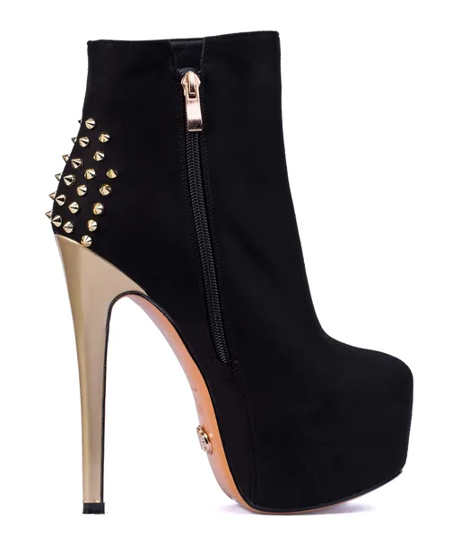 Jodi - Women's Trendy & Sexy Rounded Toe ankle boots with side zipper and velvet inner lining featuring 6" Stiletto High Heels & 2" Platform. Handmade to perfection. - 9.5 Black/Gold-suede