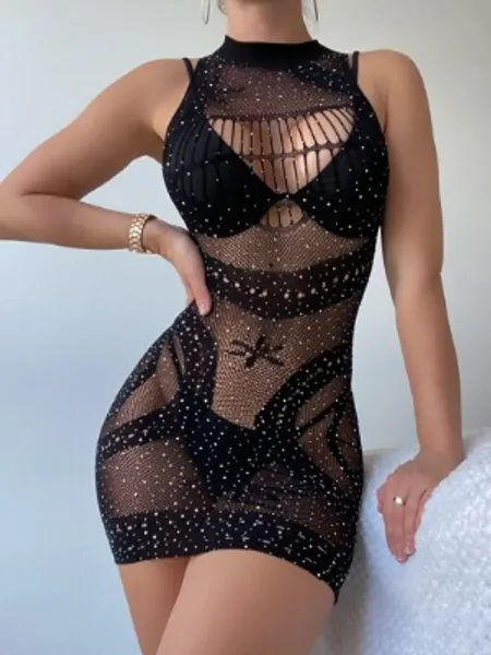 Rhinestone Hollow Out Cover Up Dress Without Bikini