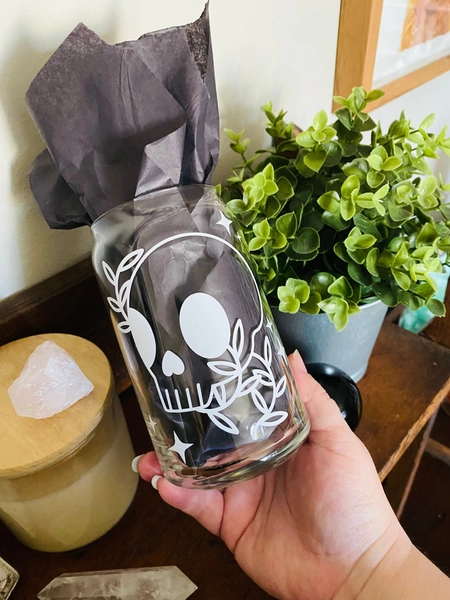 Skull Halloween 16oz Beer Can Glass | Witchy Drink Cup | Witchy Glass | Halloween Coffee Cup | Spooky Glass