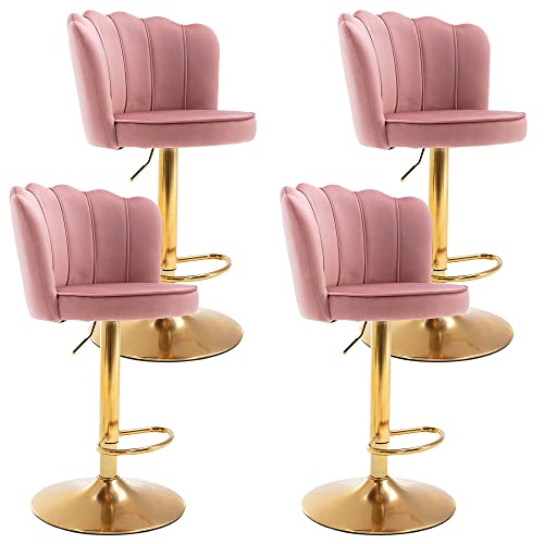 DM Furniture Swivel Barstools Bar Height Set of 4 Adjustable Upholstered Counter Stool Velvet Bar Chairs with Back/Gold Base for Kitchen Island/Bar/Cafe, Dirty Pink - 4 Barstools - Dirty Pink
