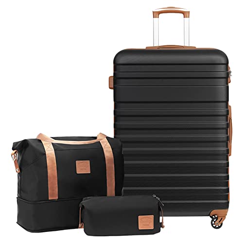 COOLIFE Koffer Trolley Koffer Reisekoffer von ABS Hartschalen Trolley 4 Rollen TSA-Schloss Der Koffer Enthält 1 Reisetasche und 1 Kulturbeutel (Schwarz/Braun, Großer Koffer-Set 3tlg) - Großer Koffer-Set 3tlg - Schwarz/Braun
