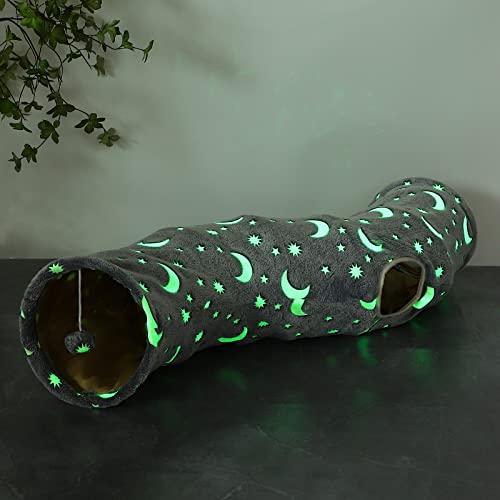 LUCKITTY Cat Tunnel Tube with Plush Ball Toys Collapsible Self-Luminous Photoluminescence, for Small Pets Bunny Rabbits, Kittens, Ferrets,Puppy and Dogs Grey Moon Star (S-Shape) - S-Shape