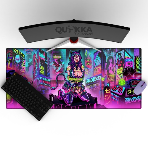 Tied Up Anime Girl Cyberpunk Design Mousepad Deskmat - 80x30cm / 3mm / Black Stitched