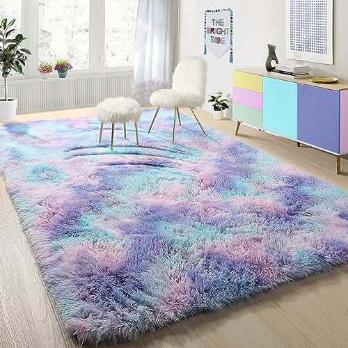 PAGISOFE Cute Kawaii Purple Rainbow Rug for Girls Bedroom, 5x8 Area Rug, Soft Fluffy Shag Rug for Girls Room, Baby, Kids Playroom, Nursery, Classroom, Plush Furry Mermaid Rug, Fuzzy Pastel Carpet - 5x8 Feet - Rainbow Purple