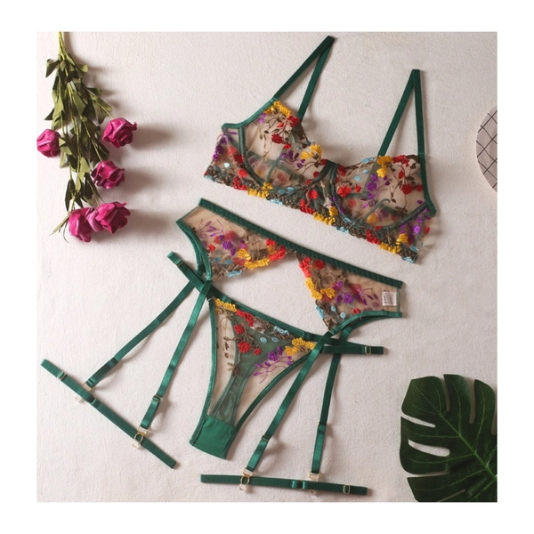 Hunter green floral embroidered mesh 3 piece lingerie set, bridal boudoir, anniversary, bridal shower lingerie party, bridal gift