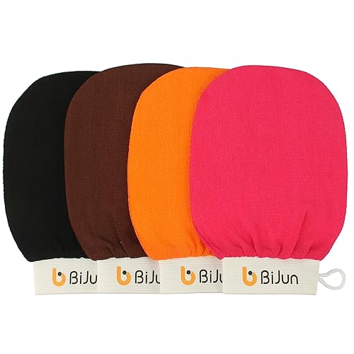 BiJun Exfoliating Glove Moroccan Kessa Scrub Exfoliating Gloves Deep Exfoliating Mitt Body Scrub Premium Scrub Wash Mitt Body Skincare at Home Shower or Bath Exfoliating Mitts for Dead Skin Remover - 4 Pack Color