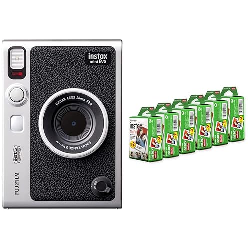 Fujifilm Instax Mini EVO Black Bundle with Instax Mini Film, White Multi-Pack (120 Exposures) - Black - With 120 Exposures