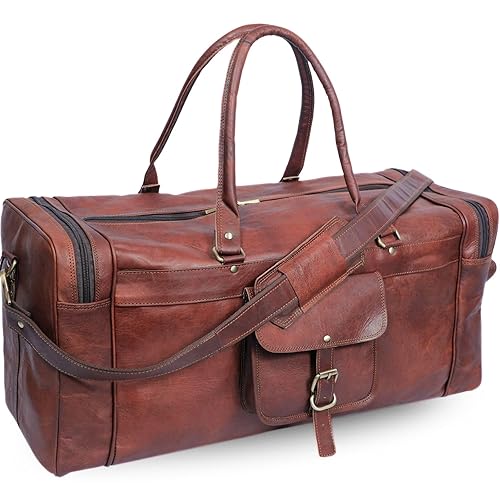 ANUENT Genuine Brown Leather Duffle Bag for Men - Mens Weekender Travel Bag - 24 inch Gym, Carry-On, & Overnight Bag for Men