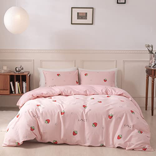 DREAMINGO Cute Strawberry Duvet Cover Set Girls Full Strawberry Bedding Set Kawaii Cotton Comforter Cover Set Cute Room Decor Japaness Style Kids Teens Kawaii Strawberry Quilt Cover Full Size - Full - B3# Pink Strawberry