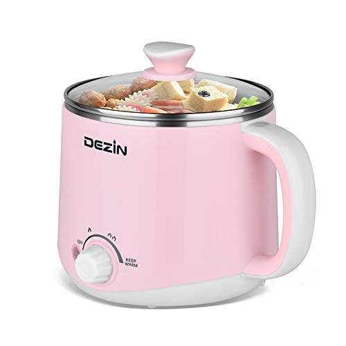 Dezin Hot Pot Electric, Rapid Noodles Cooker, Stainless Steel Electric Pot 1.6 Liter, Perfect for Ramen, Egg, Pasta, Dumpling, Soup, Porridge, Oatmeal with Temperature Control and Keep Warm Function - A(Pink/without Steamer)