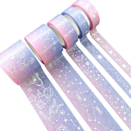 YUBBAEX Pinky Silver Washi Tape Set 5 Rolls VSCO Foil Masking Tape Decorative for Arts, DIY Crafts, Journal Supplies, Planners, Scrapbook, Card/Gift Wrapping (Fantasy Universe)