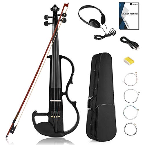 Vangoa Electric Violin Full Size 4/4, Black Silent Electric Violin, Solid Wood Metallic Electric Fiddle with Ebony Fittings, Beginner Kit for Adults Teens - 4/4 - Black