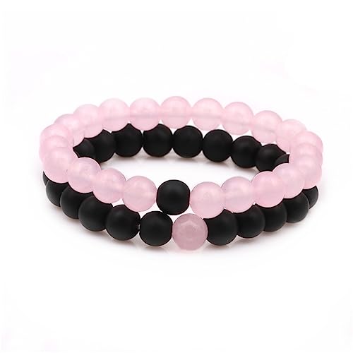 Bayetss Men Women Lava Bracelet Beads Bracelet Bangle Stretch Stone Beads Bracelets Friendship Couples Gifts - Black Pink