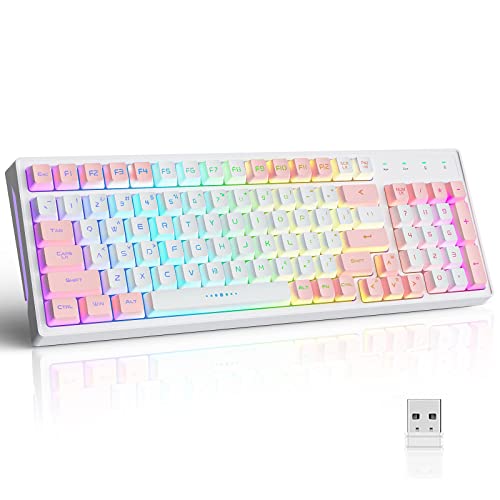 GK98 Wireless Gaming Keyboard,2.4G Rechargeable RGB White Backlit Ergonomic 98 keys Mechanical Feeling Dual Color Keyboard for Office Windows Mac PC Xbox PS4 Gamer(WhitePink) - White