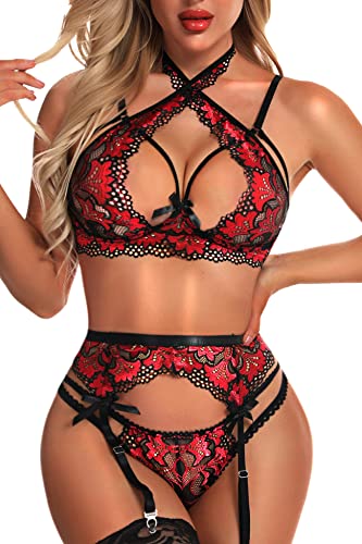 Donnalla Women Sexy Lingerie Set with Garter Belts Lace Bra and Panty Set Exotic Suspenders Set (NO STOCKINGS) - Small - Red