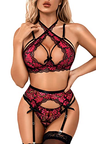 Donnalla Women Sexy Lingerie Set with Garter Belts Lace Bra and Panty Set Exotic Suspenders Set (NO STOCKINGS) - Small - Rose Red