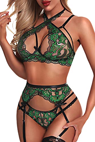 Donnalla Women Sexy Lingerie Set with Garter Belts Lace Bra and Panty Set Exotic Suspenders Set (NO STOCKINGS) - Small - Green