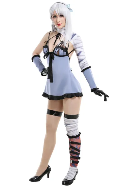 Nier Replicant No.1 Kaine Sexy Bow-Strapped Lingerie Sleepwear Suspender Light Blue Dress Full Set Cosplay Costume with Leggings