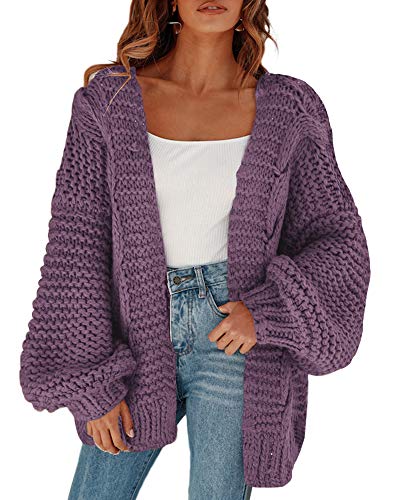 Cicy Bell Women's Open Front Chunky Knit Cardigan Loose Lantern Sleeve Oversized Sweater Coats - Purple - Medium