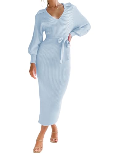 ARTFREE Women's Ribbed Sweater Wrap Dress Elegant Long Sleeve V Neck Knit Bodycon Maxi Dresses with Belt - Medium - Light Blue