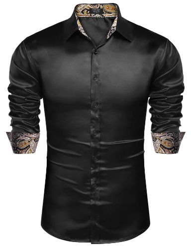 COOFANDY Men Satin Dress Shirts Casual Long Sleeve Floral Button Down Shirt Casual Silk Slim Fit Wedding Prom Shiny Button Up