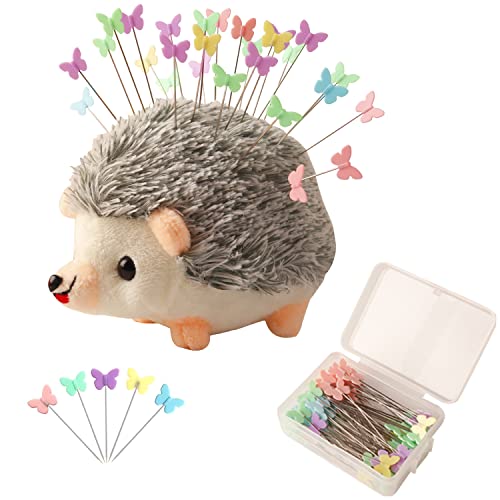 Hedgehog Shaped Pin Cushion Sewing Kit with 100 Colored Pins - Gray