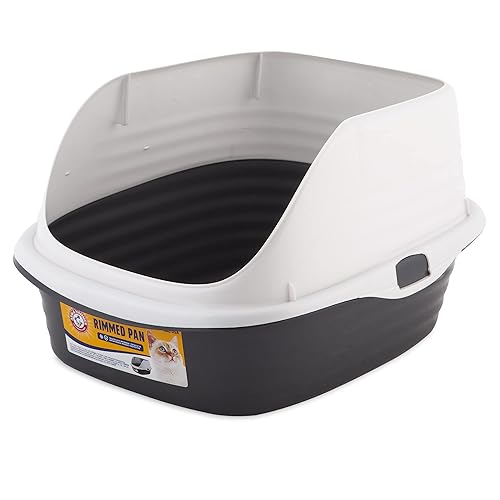Arm & Hammer Rimmed Cat Litter Box with High Sides and Microban, Made in USA - Pearl White/ Dark Gray - High-Rimmed