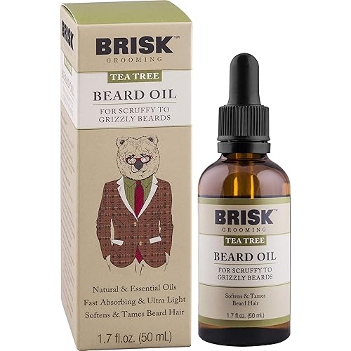 Brisk Grooming Tea Tree Beard Oil, Fast-absorbing Blend of Natural & Essential Oils Softens & Tames for a Beard that Looks & Feels Healthy not Greasy, 1.7 Ounce Bottle w/Dropper - Tea Tree