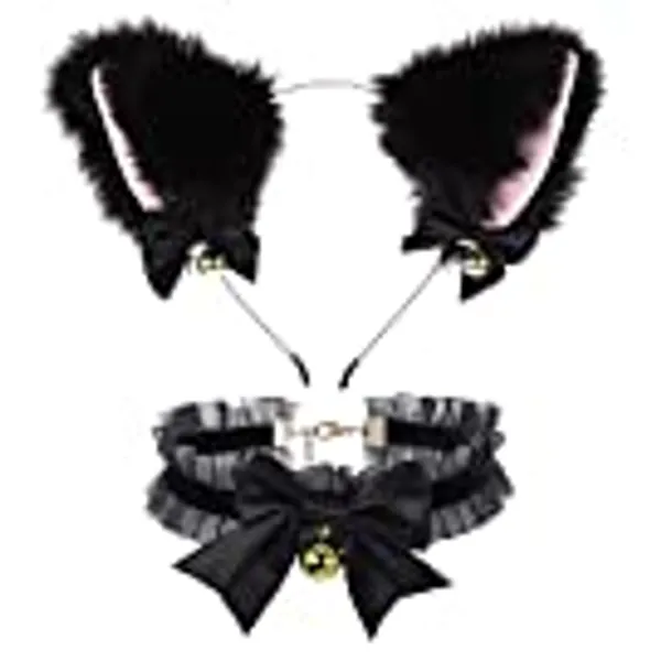 Cat Fox Faux Fur Ears Headband,Punk Fashion Choker Collar,Cat Ear with Bells & Bow Animal Cute Hairband for Women Girls Cat Cosplay Fancy Dress Party (Pink inner core)