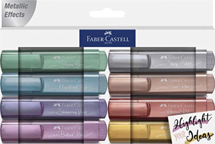 Faber-Castell 154625 - Set di evidenziatori TL 46, confezione da 8, colori metallici, con punta a cuneo a lunga durata, larghezza linea 1 - 5 mm - 1546 metallico - 1 unità (Confezione da 8)