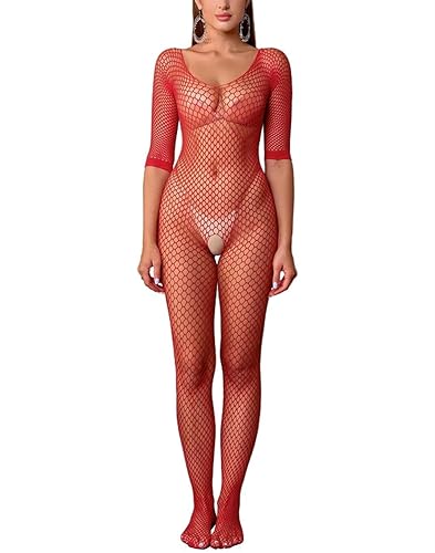 Bommi Fairy Women‘s Sexy Fishnet Mesh Bodystockings One Piece Bodysuit Teddy Lingerie Off The Shoulder Outfit Jumpsuit Underwear - Red