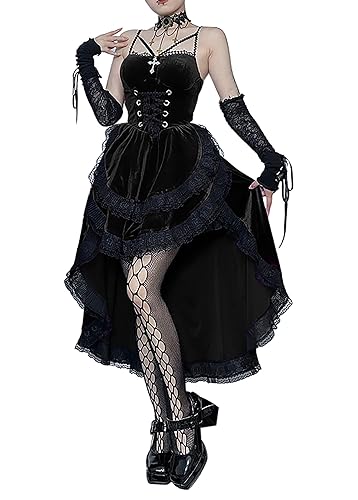 Goth Gothic Hi Low Swing Cocktail Party Dress Women's Vintage Goth Lace Smocked Elastic Waist Pleated Flowy Bodycon Dresses - M - Black