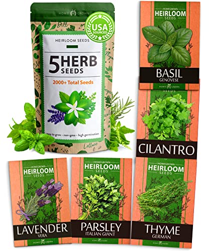 5 Herb Seeds Variety Pack - Culinary Herb Garden: Basil, Lavender, Cilantro, Parsley & Thyme Seeds for Planting Indoors/Outdoors 2000+ Non-GMO Heirloom Herb Seeds w/Bonus Markers & Grow Guide - 5 Herb
