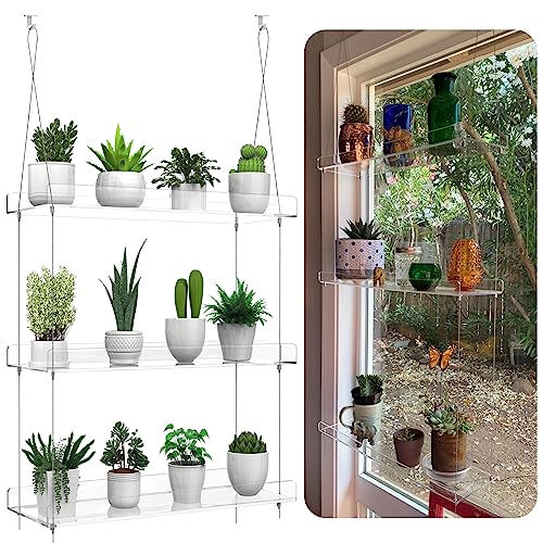 Hanging Clear Plant Shelves for Windows, 3-Tier Acrylic Window Wall Plant Stand Shelf for Kitchen Window Indoor Gardens, Flower, Succulents, Herb, Seedling Organization, and Plants Pots Display - 3 Tier
