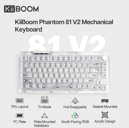 KiiBoom Phantom 81 V2 75% Hot Swappable Upgraded Crystal Gasket-Mounted Mechanical Keyboard, Triple Mode NKRO Gaming Keyboard with South-Facing RGB, Clear Keycaps, 4000mAh Battery for Win/Mac (Clear): Keyboards: Amazon.com.au