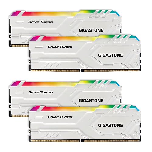 【RGB DDR4 RAM】GIGASTONE Game TURBO 64GB Kit (4x16GB)DDR4 3200MHz PC4-25600 CL16-18-18-40 Intel XMP 2.0 AMD Ryzen 1.35V UDIMM 288 Pin Unbuffered Non ECC High Performance Gaming Desktop Memory - White
