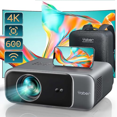 Beamer,【Autofokus/Trapezkorrektur】 1080P Full HD Heimkino Beamer 4K Video Unterstützt, YABER 600 ANSI WiFi6 Bluetooth Beamer LED Projektor 4P/4D Trapezkorrektur Kompatibel mit Smartphone/TV Stick/PS5 - Grau