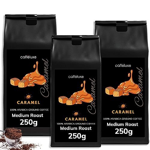 Caffeluxe - Roasted Arabica Beans - Naturally Flavoured Ground Coffee - Natural Caramel Flavouring -750g Coffee - 3 Pack (3 x 250g Bag) - Caramel 3 Pack - 250 g (Pack of 3)