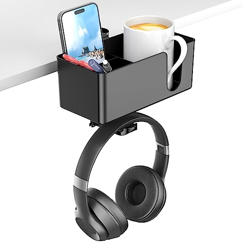 KDD 4-in-1 Desk Cup Holder with Headphone Hanger - Under Desk Headphone Hook with 2 Wire Holes - Rotating Headphone Hanger and Detachable Desk Storage for Cup, Phone and Pen (Black) - Black
