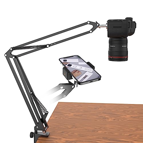 Overhead Tripod For DSLR Cameras, Heavy Duty Camera Desk Mount Stand with Flexible Articulating Boom Arm, Camera Holder Table Clamp for Canon Nikon Sony Fuji SLR Mirrorless Cam Video Photography - Robust