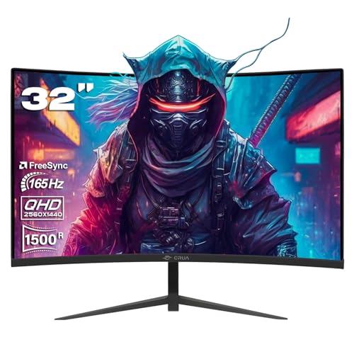 CRUA Gaming Monitor 32" Curved 165Hz QHD 1440P 1500R Computer Monitor, 99% sRGB,1ms GTG with FreeSync, Narrow Bezel Desktop PC Monitors Compatible HDMI/DP, Support Wall Mount - 32inch 2K 165Hz
