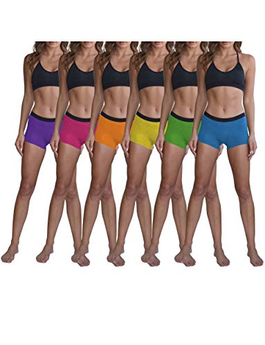 Sexy Basics Women's 6 Pack Modern Active Buttery Soft Boy Short Boxer Brief Panties - 6 Pack- Neons - Large