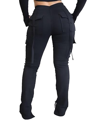 DINGANG Women's Drawstring Cargo Sweatpants with Pockets, Stretchy Casual Joggers Lounge Leggings - XX-Large - 02-black