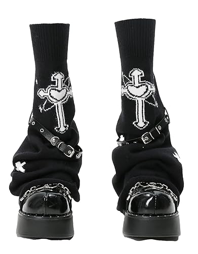 Micotaku Women's Gothic Punk Y2K Cross Style Knit Long Leg Warmers Loose High Socks with PU Leather Straps