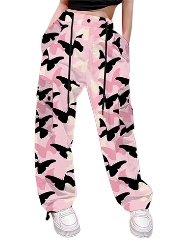 Cromoncent Girls&Womens High Waist Parachute Pants Y2K Cargo Trousers with Pockets 6 Years-Women 2XL - XX-Large - Pink Butterfly
