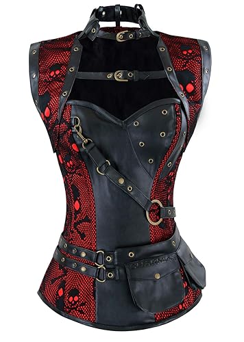 Charmian Women's Steampunk Spiral Steel Boned Vintage Retro Corset Tops Bustier - 3X-Large - Black/Red