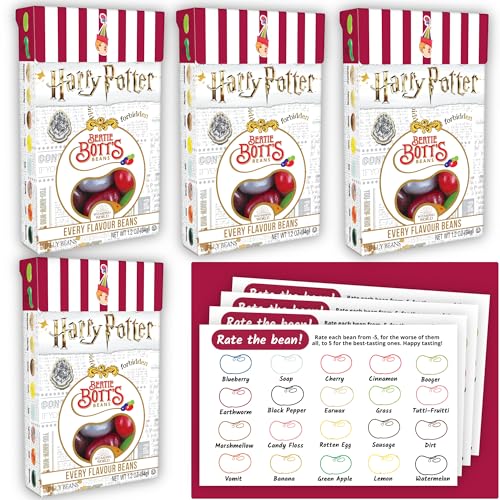 Jelly Belly Harry Potter Jelly Beans - Harry Potter Candy for Harry Potter Gifts & More - 1.2 oz. Bertie Botts Every Flavored Beans (4 ct) + Gaudum Bertie Bott’s Jelly Bean rating cards (6 ct) - Small Bundle